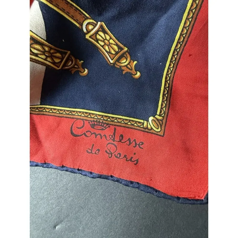 Comtesse De Paris Silk Scarf Vintage Equestrian Red Blue Career Capsule Cocktail